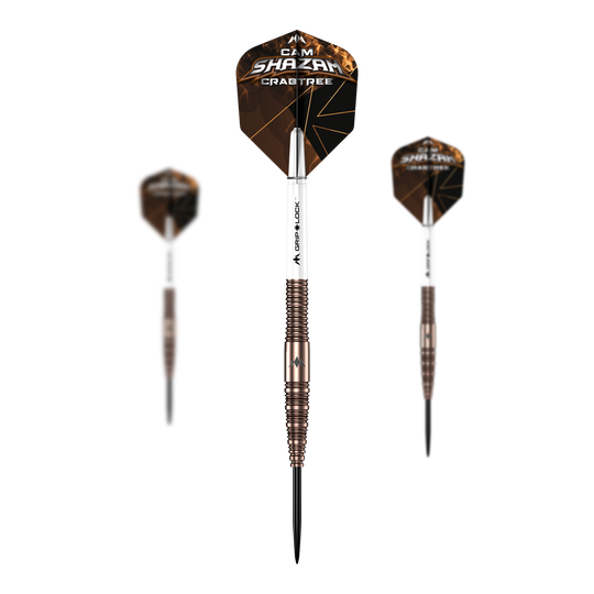 Freccette Mission Cam Crabtree V2 in acciaio al tungsteno al 95% Das Bild präsentiert ein Set der Mission Cam Crabtree V2 Steeldarts. Mehrere Dartpfeile werden gemeinsam gezeigt.