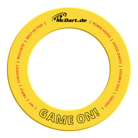 Gioco McDart sul bersaglio delle freccette Abgebildet ist das Produkt MSF-B4_McDart_Game_On_Dartboard_Surround_Gelb_2. Es sieht aus wie ein gelber Dartboard Surround mit der Aufschrift 'Game On'.