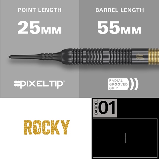 Freccette morbide Target Josh Rock Brass - 18 g Das Bild zeigt den Target Josh Rock Brass Softdart mit einer Spitzenlänge von 25 mm und einer Barrellänge von 55 mm. Der Dart hat eine Pixelspitze und einen radialen Rillengriff.