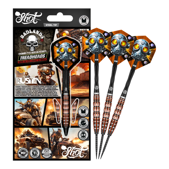 Freccette Shot Badlands Rustin Steel - 23 g Das Bild präsentiert den Shot Badlands Rustin Steeldarts - 23g. Der komplette Dartpfeil ist abgebildet.
