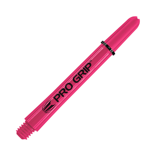 Target Pro Grip Shafts - 3 set - Rosa Das Bild zeigt einen pinken Pro Grip Dartshaft. Auf dem Schaft steht in schwarzer Schrift „PRO GRIP“.