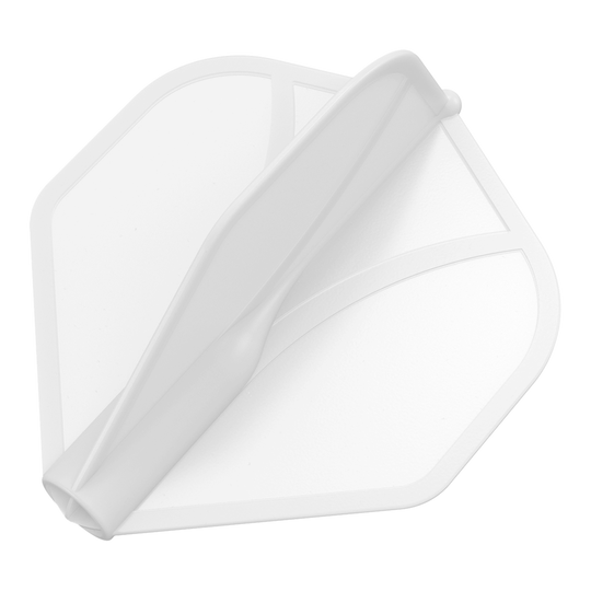 Das Bild zeigt eine transparente Dart-Flügel. Er hat eine aerodynamische Form und ist hauptsächlich weiß.