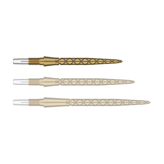 Punte per freccette Target Swiss Storm Diamond Point - Oro Das Bild zeigt drei goldene Dartspitzen mit einem rautenförmigen Muster. Die Spitzen sind nebeneinander angeordnet und haben silberne Enden zum Befestigen.