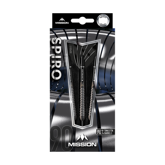 Freccette in acciaio Mission Spiro modello 2 - 22 g Das Bild zeigt eine Verpackung der Mission Spiro Model 2 Steeldarts mit einem Gewicht von 22 Gramm. Die Pfeile bestehen zu 90 % aus Tungsten und sind elegant in einer silber-schwarzen Box präsentiert.