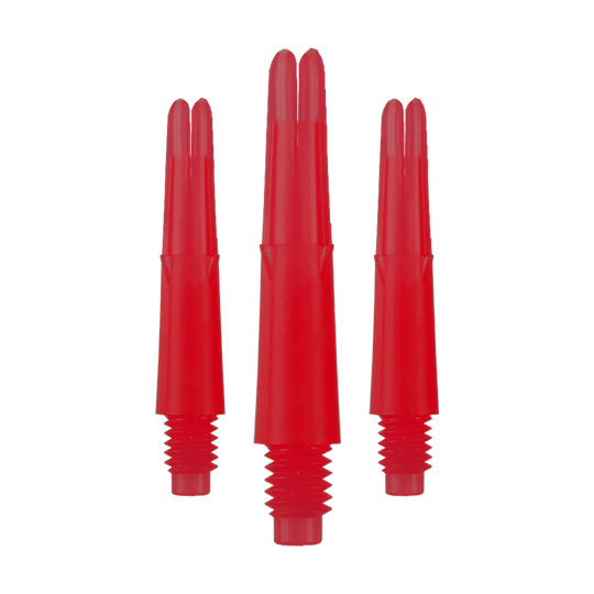 Alberi a L bloccati dritti - Rosso Das Bild zeigt drei rote, gerade Dartschäfte mit Gewinde unten. Sie sind ohne Kappen und haben eine Länge von 26 mm.