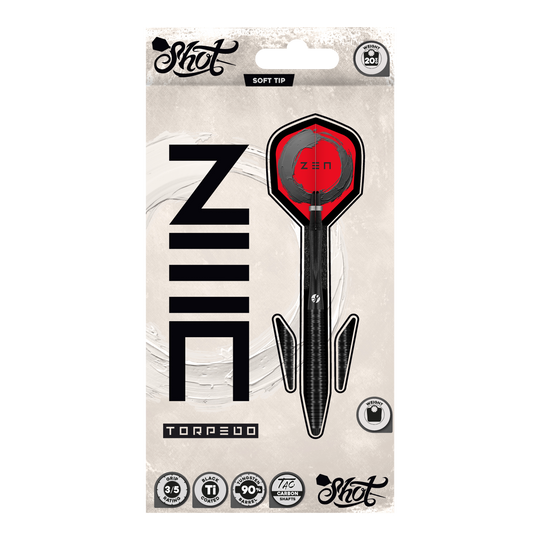 Freccette morbide Shot ZEN Torpedo - 20 g Hier sieht man die Shot ZEN Torpedo Softdarts - 20g aus einer anderen Perspektive. Die Details des Dartpfeils sind deutlich erkennbar.
