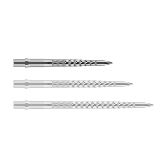 Punte per freccette Mission Caliburn EVO - Ripple - Argento Das Bild zeigt drei silberne Steeldartspitzen, die nebeneinander liegen. Sie haben eine geriffelte Struktur und laufen vorne spitz zu.