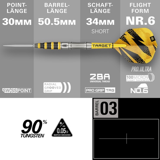 Abgebildet sind Target Buzz 03 Swiss Points Steeldarts. Das Produkt zeichnet sich durch ein elegantes Design aus.