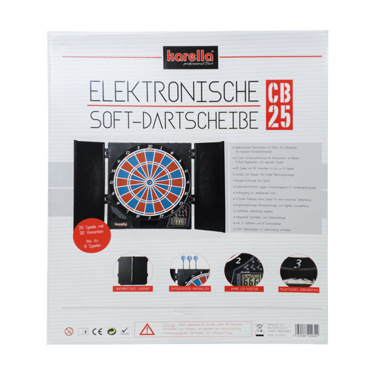 Bersaglio elettronico CB 25 versione da torneo Die Abbildung zeigt die Verpackung der elektronischen Soft-Dartscheibe CB 25 von Karella. Auf der Vorderseite sind Produktmerkmale und Bilder der Dartscheibe mit Zubehör abgebildet.