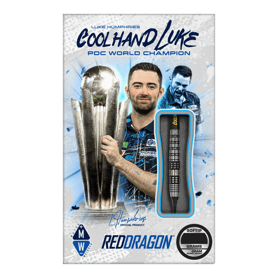 Freccette morbide Red Dragon Luke Humphries Prestige - 20 g Das Bild zeigt die Verpackung der "Red Dragon Luke Humphries Prestige Softdarts - 20g". Auf der Verpackung ist ein Foto von Luke Humphries mit einem Pokal zu sehen, sowie ein einzelner Dartpfeil als Produktabbildung.