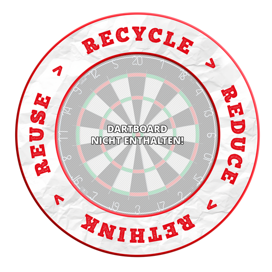 McDart Ricicla Riduci Ripensa Riutilizza Bersaglio per freccette Das Bild zeigt einen Artikel namens DBS-RRRR2_Surround_Recyle_Reuse_Reduce_Rethink_Rot_1. Vermutlich geht es um ein rotes Produkt zum Thema Recycling und Umweltschutz.