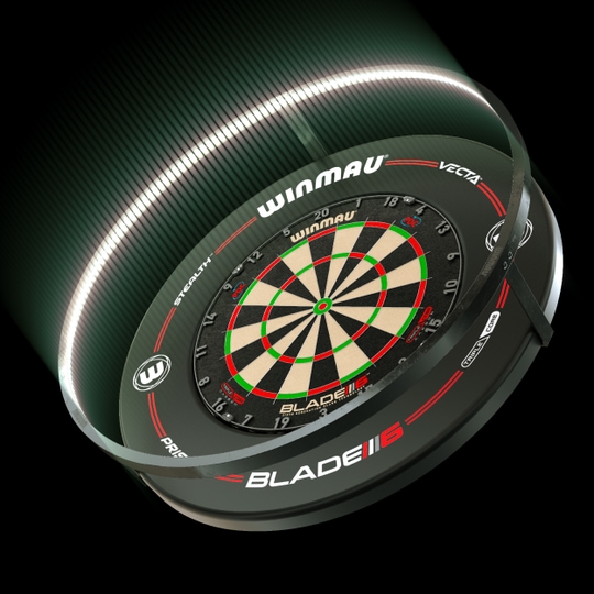 PACCHETTO Illuminazione e surround LED al plasma Winmau Das Bild zeigt das Winmau Plasma LED Beleuchtung und Surround Bundle mit einer beleuchteten Dartscheibe. Die LED-Leiste sorgt für optimale Ausleuchtung und ein modernes Design.