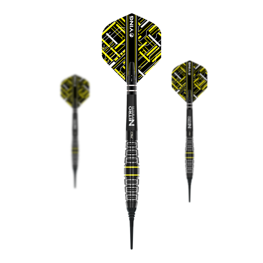 Freccette morbide Red Dragon Astraeus Q4X Torpedo - 20 g Das Bild zeigt drei Softdarts des Modells "Red Dragon Astraeus Q4X Torpedo - 20g". Die Darts haben schwarze Schäfte mit gelben und weißen Akzenten und ein auffälliges Flight-Design.
