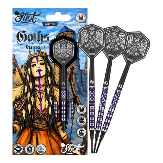 Freccette morbide Shot Goths Visara - 20 g Das Bild zeigt die Shot Goths Visara Softdarts - 20g. Diese Softdarts sind leicht und hochwertig verarbeitet.