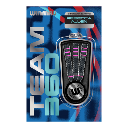 Abgebildet sind die Winmau Team 360 Rebecca Allen Steeldarts mit 24g. Die Darts sind speziell für Präzision und professionelle Leistung entworfen.