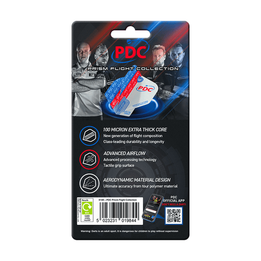 Collezione di voli Winmau PDC Prism Das Bild zeigt die Verpackung der "Winmau PDC Prism Flight Collection" für Dartflights. Auf der Verpackung sind Produktmerkmale und Bilder von Dartspielern abgebildet.
