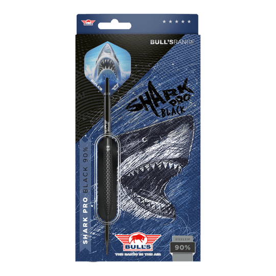 Bulls NL Shark Pro freccette in acciaio nero Die Abbildung zeigt die Verpackung der "Bulls NL Shark Pro Black Steeldarts". Auf der Verpackung ist ein aggressiv aussehender Hai sowie der Dartpfeil selbst zu sehen.