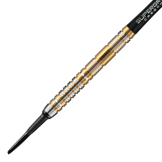 Freccette morbide Dave Chisnall Chizzy Series 2 di Harrow Das Bild zeigt einen Harrows Dave Chisnall Chizzy Series 2 Softdart. Der Dartpfeil hat ein auffälliges Design mit goldenen und silbernen Ringen entlang des Barrels.