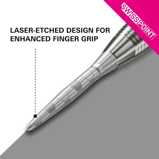 Punte per freccette Target Swiss Storm Onyx Point - Argento Das Bild zeigt die silberne Dartspitze "Target Swiss Storm Onyx Point". Die Spitze verfügt über ein lasergraviertes Design für einen verbesserten Fingergriff.