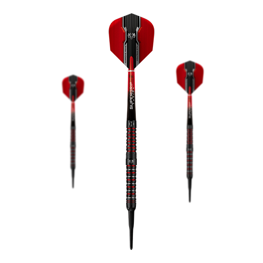 Freccette morbide Harrows Wolfram Infinity 97% tungsteno Das Bild zeigt drei Harrows Wolfram Infinity 97% Tungsten Softdarts. Die Darts haben ein auffälliges Design in Schwarz und Rot.