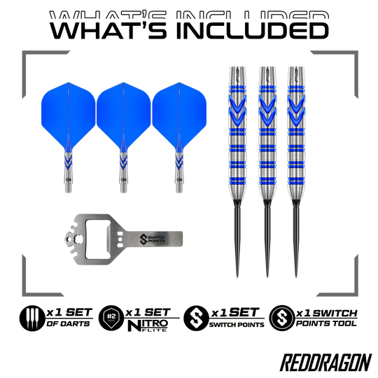 Dardi d'acciaio originali Switch Point di Gerwyn Price, Red Dragon Rosso Hier sind die Red Dragon Gerwyn Price Blue Original Switch Point Steeldarts abgebildet. Sie zeichnen sich durch ihr blaues Design und hohe Präzision aus.