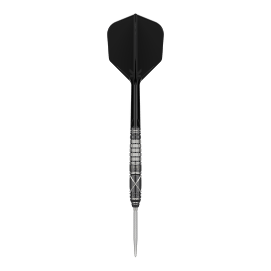 Freccette in acciaio Target Japan Black Marque Chaos 2 SP Das Bild zeigt einen stilvollen Steeldartpfeil mit schwarzer Flight und silber-schwarzem Barrel. Es handelt sich um das Produkt "Target Japan Black Marque Chaos 2 SP Steeldarts".