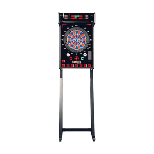 Karella_E-Master_Dartautomat_Standfuss_Ohne_M-nzeinwurf_1 Auf dem Bild ist der Karella E-MASTER Dartautomat ohne Münzeinwurf zu sehen. Das Gerät steht auf zwei Beinen und hat eine elektronische Dartscheibe mit verschiedenen Bedientasten.