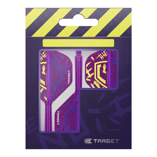 Target K-Flex Luke Littler Campione del mondo 2025 N. 2 Voli standard Die Abbildung zeigt die "Target K-Flex Luke Littler World Champion 2025 No2 Standard Flights" in einer Verpackung. Die Flights sind lila mit gelben Akzenten und dem Target-Logo gestaltet.