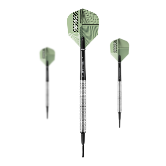 Harrows controlla i Softdarts paralleli Das Bild zeigt drei Harrows Control Parallel Softdarts mit grünen Flights und silbernen Griffen. Die Dartpfeile sind von vorne und von der Seite zu sehen.