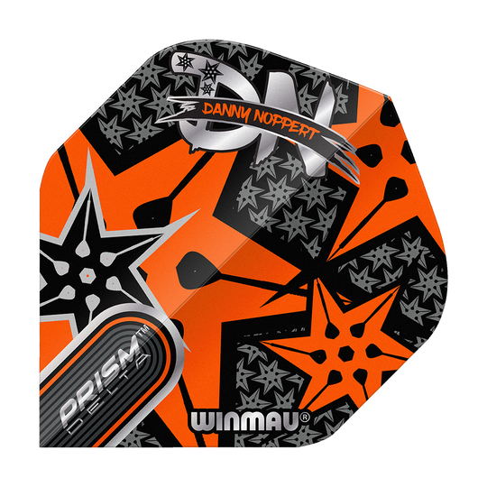 Voli standard Winmau Prism Delta Danny Noppert Orange Signature No2 Das Bild zeigt ein buntes Dart-Flight mit orangefarbenem und schwarzem Sternmuster. Auf dem Flight stehen die Namen "Danny Noppert" und "Winmau Prism Delta".