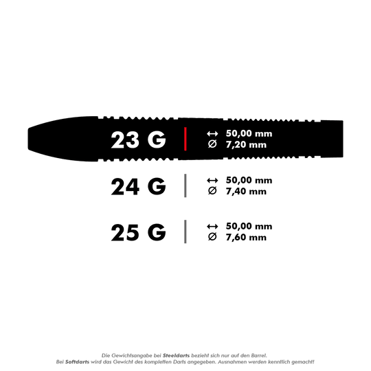 Freccette in acciaio Target Scope 02 Swiss Point Das Bild zeigt drei verschiedene Steeldarts mit den Gewichten 23 g, 24 g und 25 g. Für jedes Gewicht sind die Länge von 50,00 mm und der jeweilige Durchmesser angegeben.