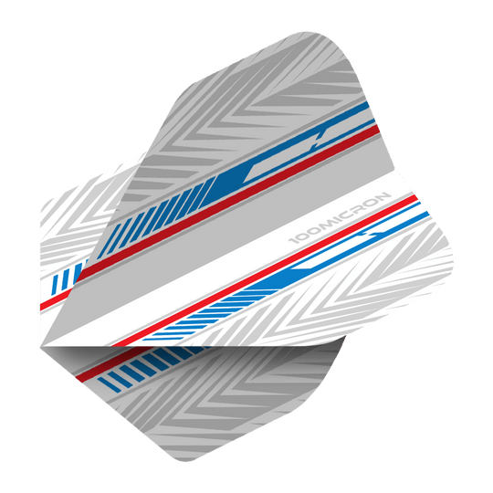 Voli Pentathlon bianchi/blu/rossi Das Bild zeigt einen Pentathlon White Blue Red No2 Standard Flight für Darts. Das Design besteht aus weißen, blauen und roten Streifen mit silbergrauen Mustern.