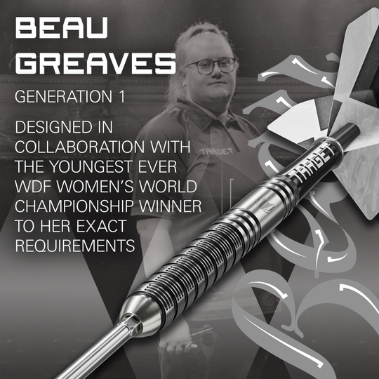 Freccette in acciaio Target Beau Greaves GEN1 Swiss Point Dieses Foto zeigt die Target Beau Greaves GEN1 Swiss Point Steeldarts von der Seite. Die Details der Barrelstruktur sind klar erkennbar.