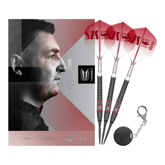 Freccette in acciaio Target Nathan Aspinall 95K Swiss Point Volle Ansicht der Target Nathan Aspinall 95K Swiss Point Steeldarts. Die Darts sind in ihrer Gesamtheit abgebildet.