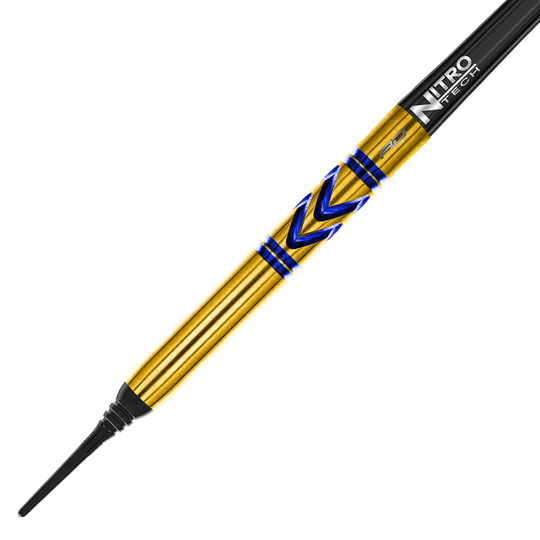 RD2546_Red_Dragon_Gerwyn_Price_Avalanche_Gold_Softdarts_2MCKbHU9y2PEgT Das Bild zeigt einen Red Dragon Gerwyn Price Avalanche Gold Softdart mit einem Gewicht von 20g. Der Dart ist goldfarben mit blauen Akzenten und einer schwarzen Spitze.