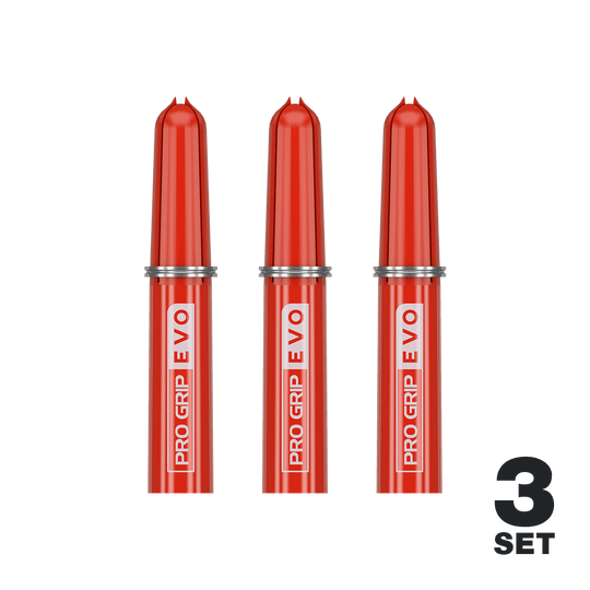 Target Pro Grip EVO Ersatztops (9er Pack) Das Bild zeigt drei rote Target Pro Grip EVO Ersatztops für Dartpfeile. Unten rechts steht "3 Set", was auf drei Sets in der Packung hinweist.