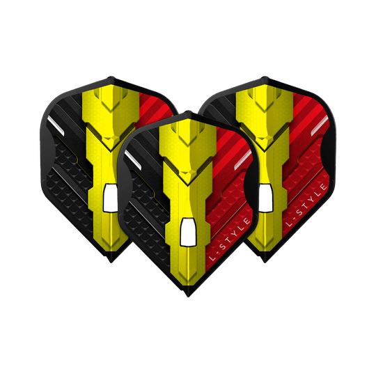 Alette L-Style V-Series V1 Type C Belgium Black L1PRO Das Bild zeigt drei Dart Flights des Modells "L-Style V-Series V1 Type C Belgium Black L1PRO". Die Flights sind in den Farben Schwarz, Gelb und Rot gestaltet und tragen das Logo "L-STYLE".