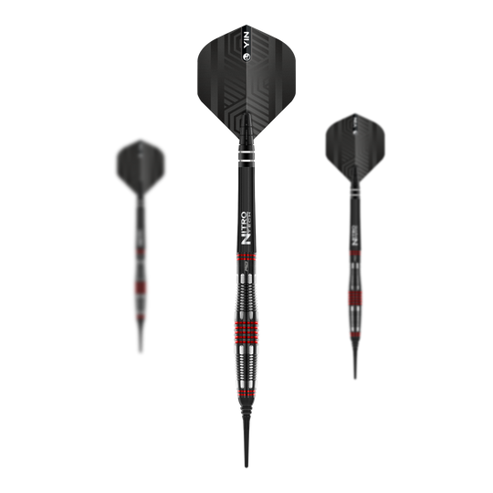 Freccette morbide Red Dragon Marlin Venom - 22 g Das Bild zeigt drei Softdarts des Modells "Red Dragon Marlin Venom" mit einem Gewicht von 22g. Die Darts sind in Schwarz mit roten und silbernen Akzenten gestaltet.