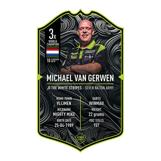 Carta Ultimate Darts - Michael Van Gerwen 2025 Dies ist eine Sammelkarte von "Ultimate Darts" für Michael Van Gerwen aus dem Jahr 2025. Sie zeigt sein Foto und enthält Informationen wie seinen Spitznamen, Geburtsdatum, Heimatstadt und Statistiken.