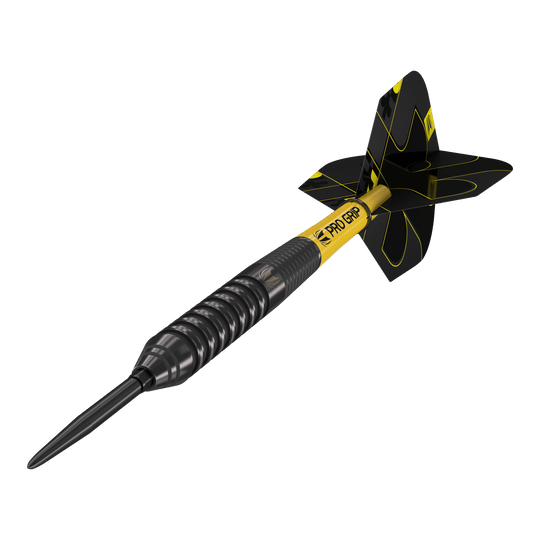 Freccette in acciaio Target Bolide Void 02 Swiss Point Das Bild zeigt einen Target Bolide Void 02 Swiss Point Steeldart. Der Dart ist schwarz mit gelben Akzenten und hat ein modernes, gerilltes Design.