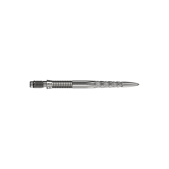 Punte per freccette Mission R2.5 Rapid Point DSX - Argento Abgebildet sind silberne Dartspitzen Mission R25 Rapid Point DSX mit einer Länge von 30mm. Die Spitzen werden aus zwei verschiedenen Blickwinkeln präsentiert.