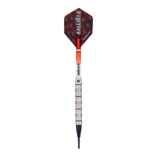 Unicorn Ballista Style 4 freccette morbide Das Bild zeigt einen Softdart der Marke Unicorn, Modell Ballista Style 4. Der Dart hat rote und schwarze Flights sowie einen silbernen, gerillten Barrel.