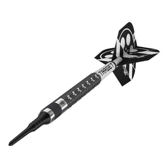 Freccette morbide Target Chris Dobey Hollywood Action - 20 g Das Bild zeigt einen schwarzen Softdart mit silbernen Akzenten und der Aufschrift "TARGET". Am hinteren Ende befindet sich ein schwarz-weißes Flight-Design.