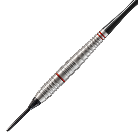 Freccette morbide Harrows Rage Das Bild zeigt einen silbernen Softdart namens "Harrows Rage Softdarts". Der Dart hat rote Ringe und eine schwarze Kunststoffspitze.