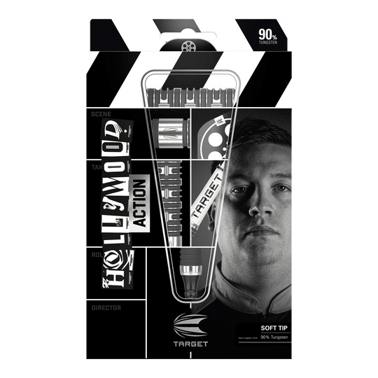 Freccette morbide Target Chris Dobey Hollywood Action - 20 g Die Abbildung zeigt das Produkt "Target Chris Dobey Hollywood Action Softdarts - 20g" in seiner Verpackung. Auf der Verpackung sind die Darts sowie das Gesicht eines Mannes und der Markenname deutlich zu sehen.