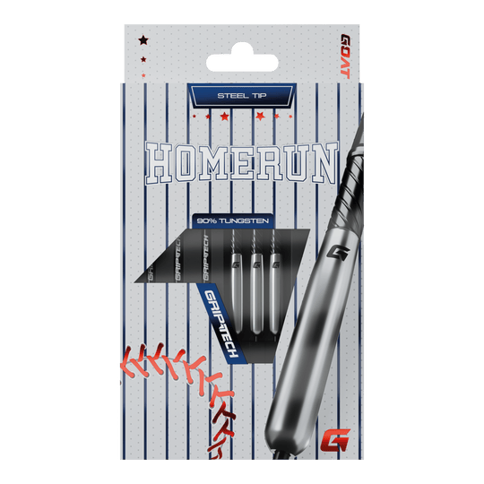 Freccette in acciaio al tungsteno per baseball GOAT Homerun Das Bild zeigt die Verpackung der "GOAT Homerun Baseball Tungsten Steeldarts" mit Stahlspitze. Auf der Vorderseite sind drei Darts sowie baseballtypische Designelemente abgebildet.