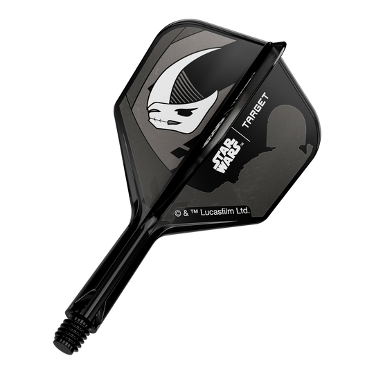 Set Target Star Wars K-Flex Mandalorian No6 Flights Abgebildet ist ein Motiv mit Mandalorianer-Rüstung, inspiriert von Star Wars. Das Design ist auf einem No6 Flights 19 mm Dart-Flügel zu sehen.