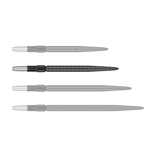 Punte per freccette Target Swiss Point RVE - Nere Das Bild zeigt vier schwarze Dartspitzen mit silbernem Gewinde. Sie liegen parallel nebeneinander auf einem grünen Hintergrund.