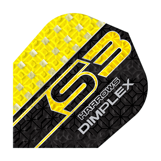 Harrows Dimplex S3 Flights - Giallo Das Bild zeigt das Produkt "Harrows Dimplex S3 Flights - Gelb". Das Flight ist gelb und schwarz mit silbernen Details und einem strukturierten Muster gestaltet.