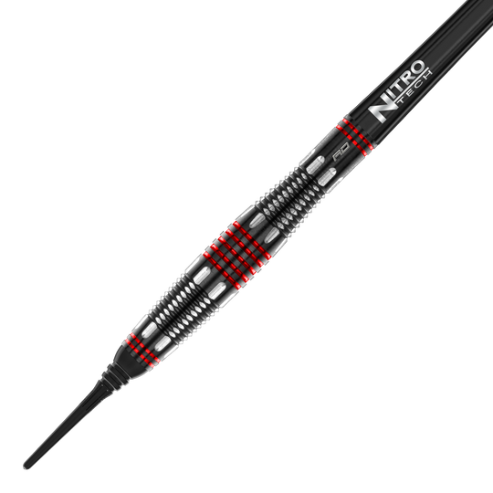 Freccette morbide Red Dragon Marlin Venom - 22 g Das Bild zeigt den Red Dragon Marlin Venom Softdart mit einem Gewicht von 22 Gramm. Der Dart hat ein schwarzes und silbernes Design mit auffälligen roten Ringen und einer „Nitro Tech“-Beschriftung.